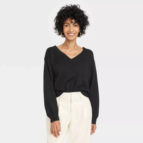 NWT - Women's Black Fine Guage V-Neck Sweater - A New Day - Picture 1 of 4